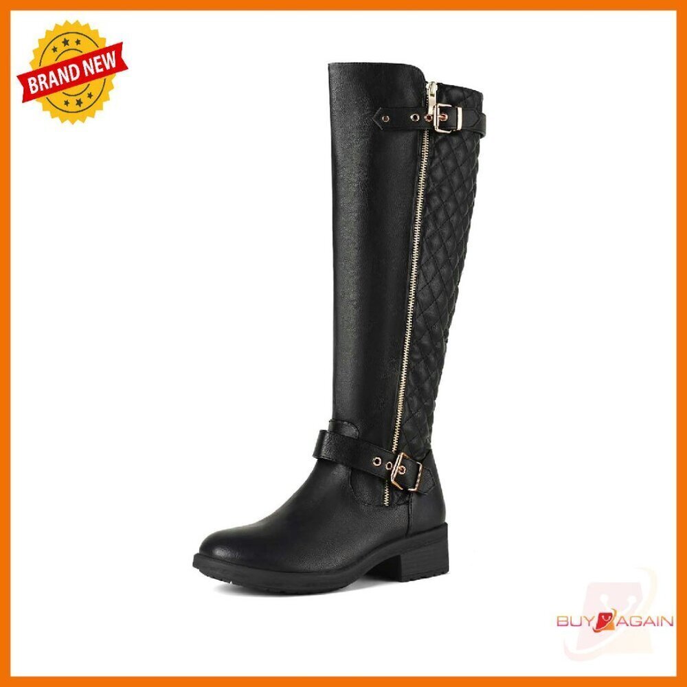 Knee-High Riding Boots Chunky Heel Side Zipper Buckles Faux Leather
